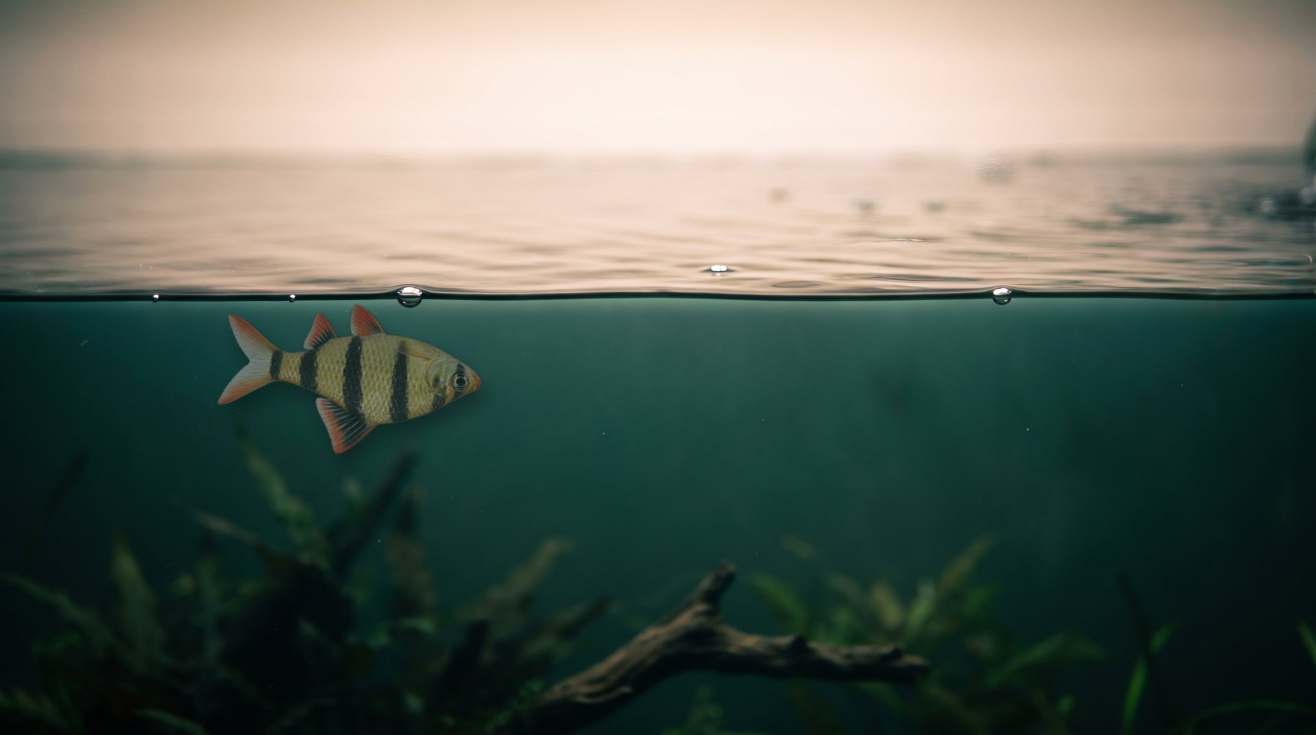 A single barb floating belly-up just under the waterline of a dim tank